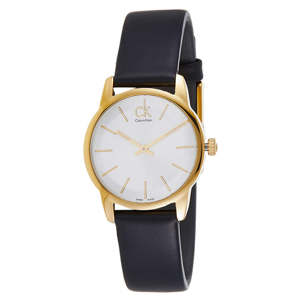 Calvin Klein City watch at angle showing silver dial and black leather strap detail