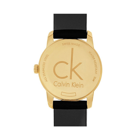 Calvin Klein City watch caseback showing 'ck' logo, Calvin Klein text, and Swiss Made marking