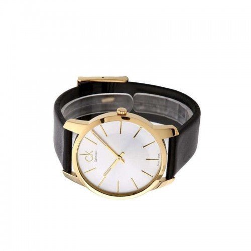 Calvin Klein City watch side view showing profile of gold case and black strap