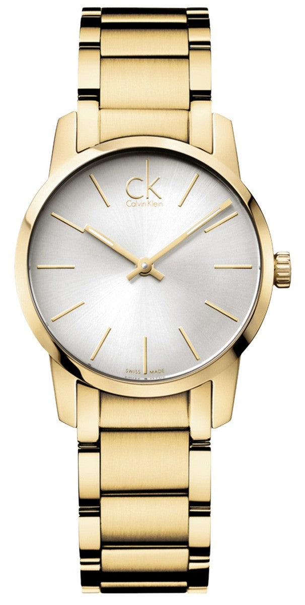 Calvin Klein City K2G23546 yellow gold-tone watch with silver dial and gold hour markers
