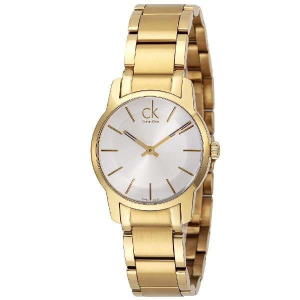 Calvin Klein City K2G23546 yellow gold-tone ladies watch with silver dial, side angle view