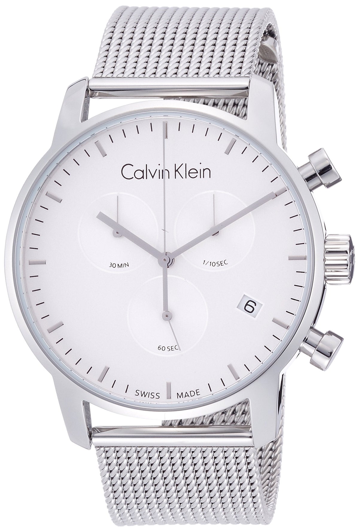 CALVIN KLEIN City Chronograph men's watch with white dial and stainless steel mesh strap