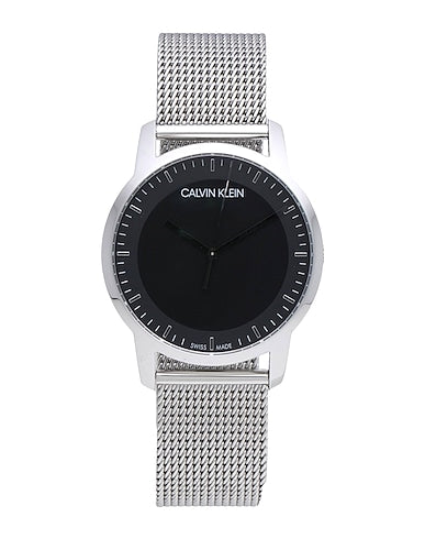 Calvin Klein City watch displayed on wrist, showing full dial and mesh bracelet