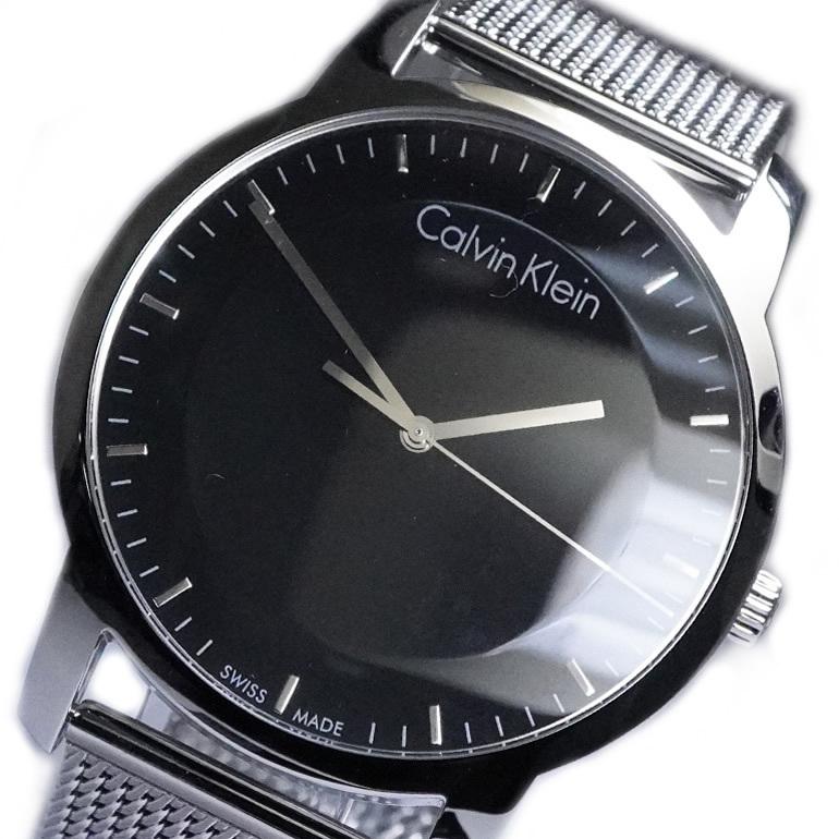 Angled view of Calvin Klein City watch showing dial, case profile, and mesh strap