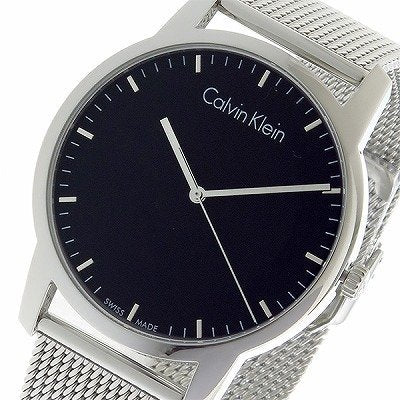 Side profile view of Calvin Klein City watch with stainless steel mesh bracelet