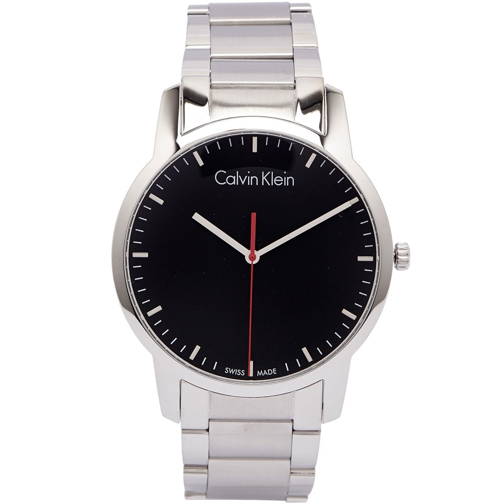 Calvin Klein City K2G2G141 watch angled view showing silver steel strap and black dial face