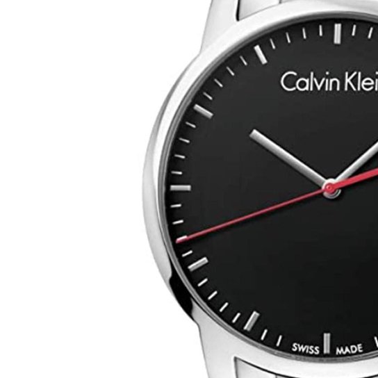 Close-up detail of Calvin Klein City K2G2G141 black dial with white and red hands and hour markers