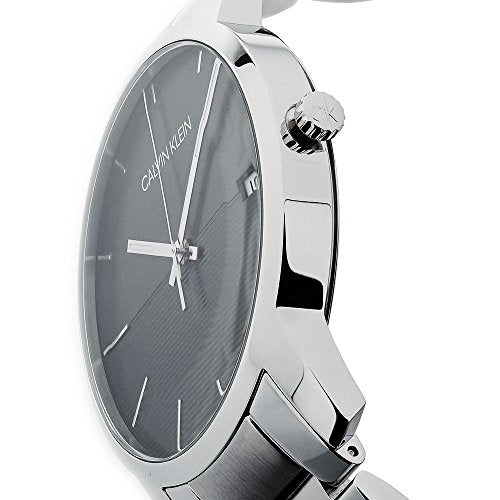 Side profile of Calvin Klein City watch with stainless steel bracelet