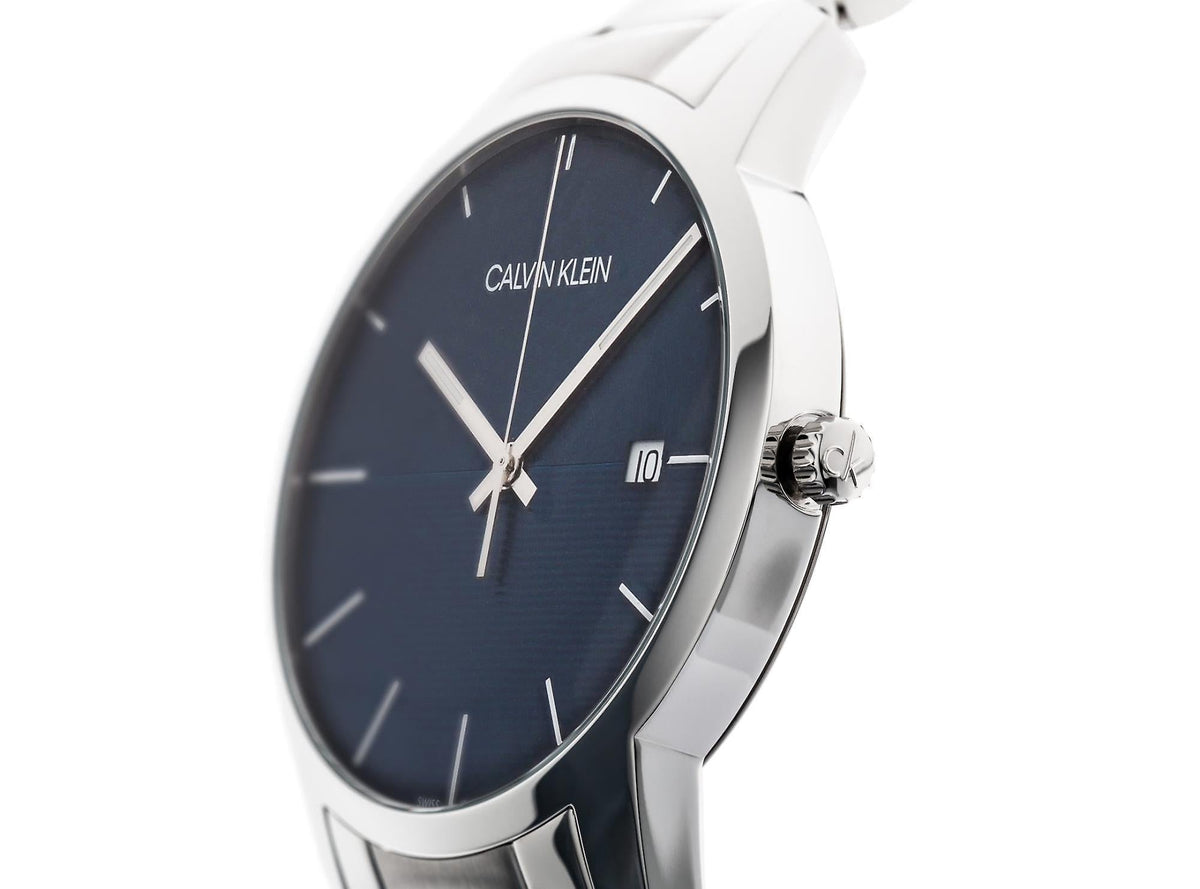 Angled product view of Calvin Klein City watch with blue dial and silver steel case