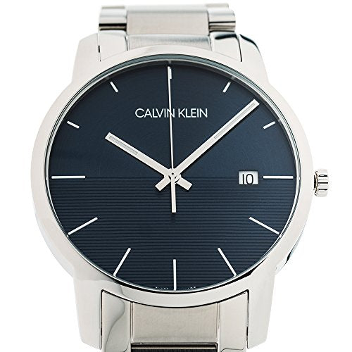 Three-quarter angle view of Calvin Klein City watch with silver steel bracelet