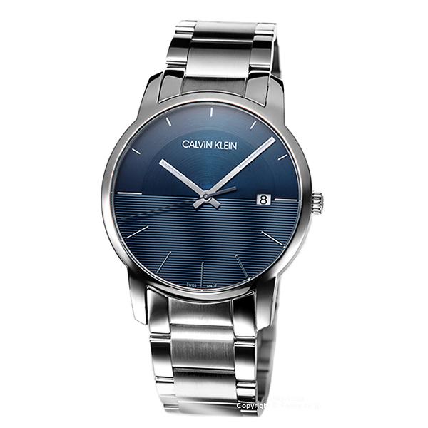 Front view of Calvin Klein City watch showing blue dial with horizontal lines and silver steel strap