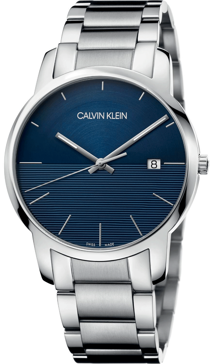 Calvin Klein City men's watch with blue dial, silver steel bracelet, and date window