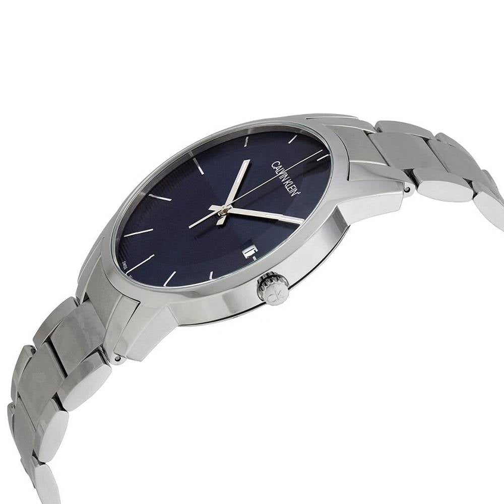 Side profile view of Calvin Klein City men's watch showing case thickness and bracelet