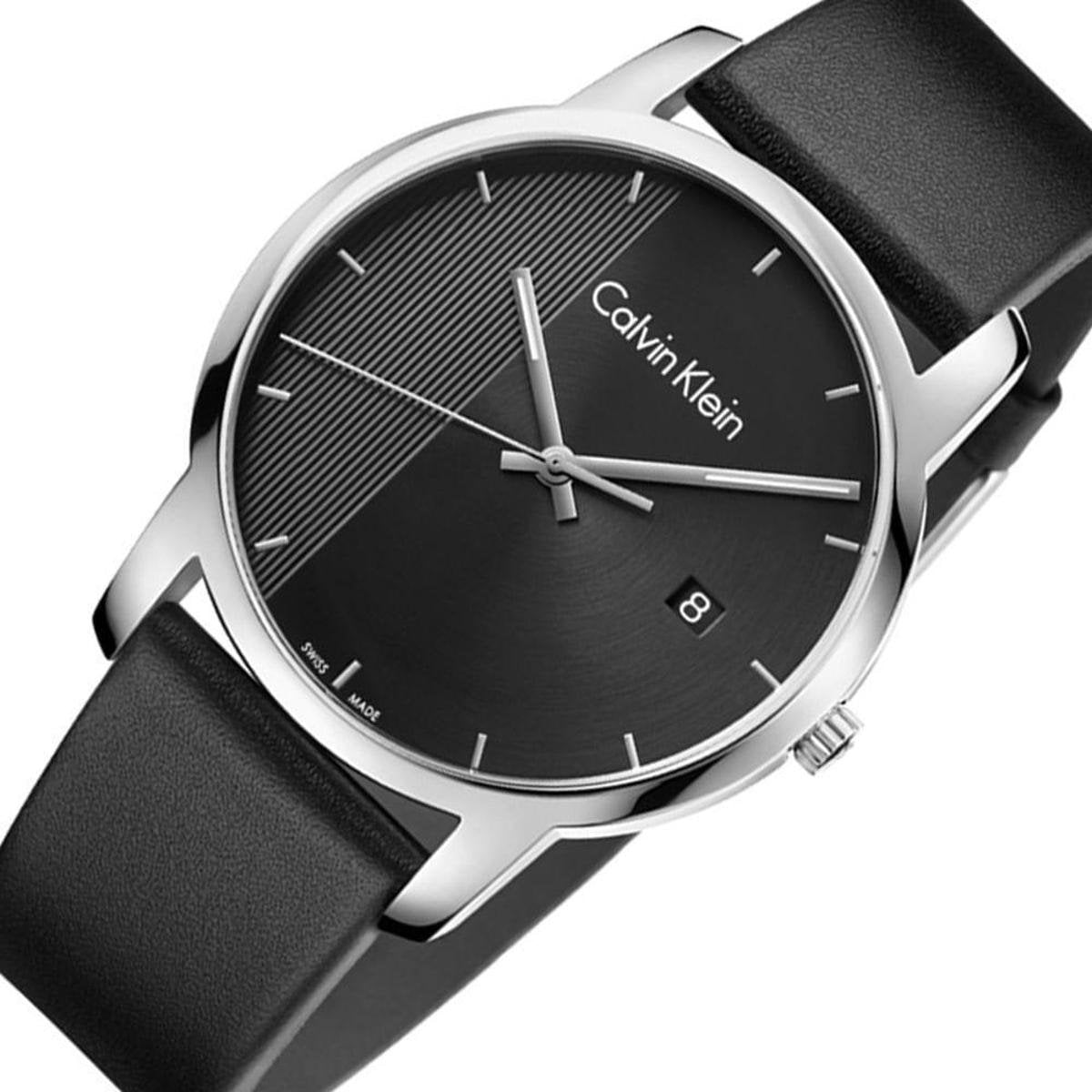 Angled view of Calvin Klein City watch with black leather strap and silver case