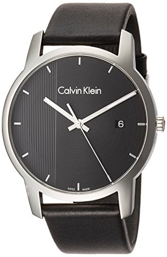 Calvin Klein City mens watch with silver case, black dial and black leather strap
