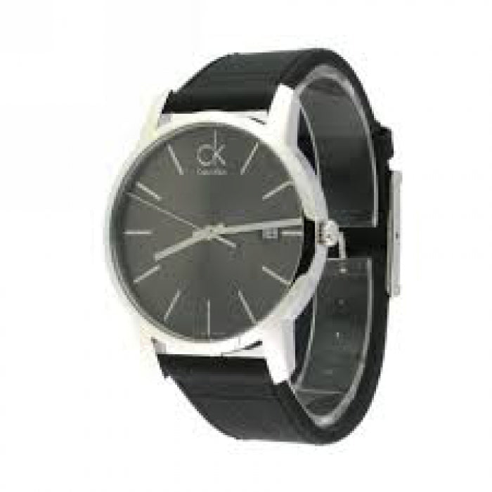 Calvin Klein City watch angled view showing black leather strap and dial