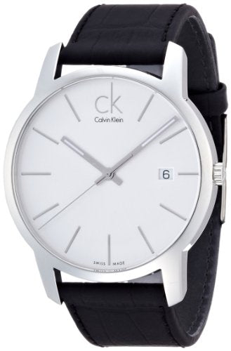 Calvin Klein City K2G2G1C6 watch at angle showing silver dial face and black leather band