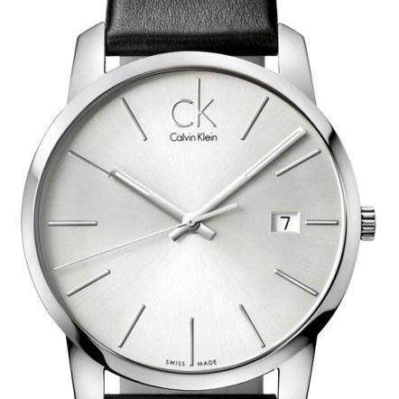 Calvin Klein City K2G2G1C6 stainless steel case with silver dial, date window at 3 o'clock, and black strap