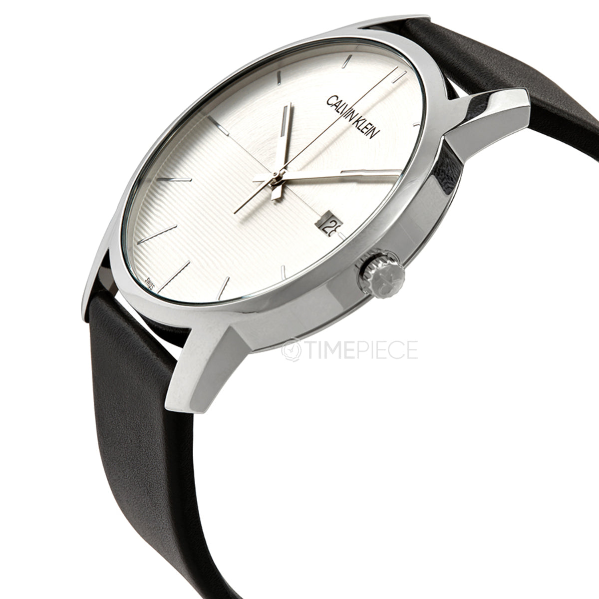 Calvin Klein City watch worn on wrist with black leather strap visible