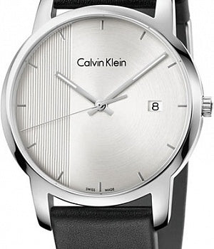 Angled view of Calvin Klein City watch showing dial and black strap