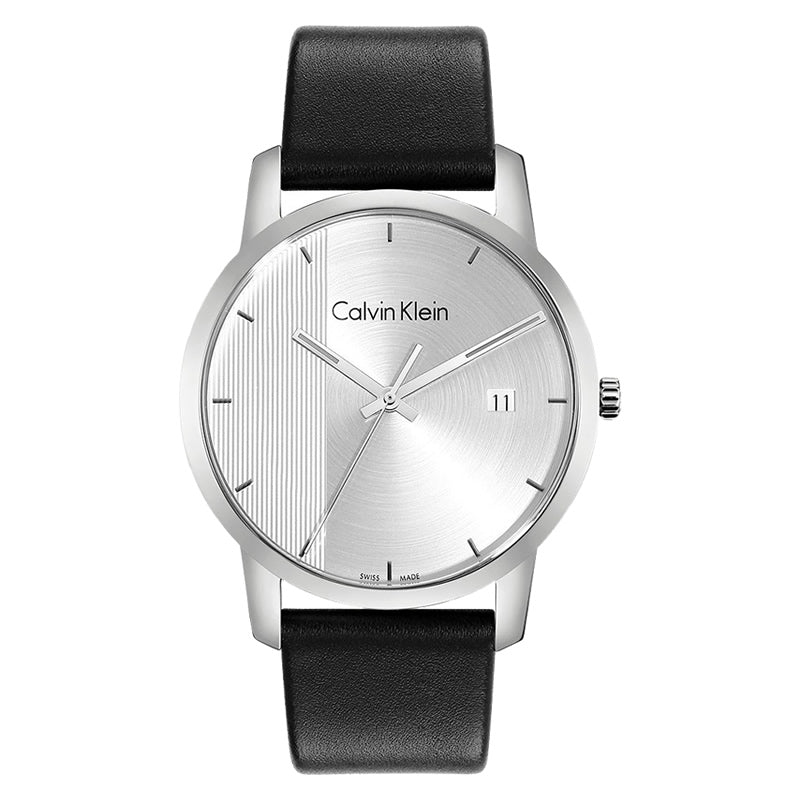 Calvin Klein City watch front view with silver brushed dial and black strap