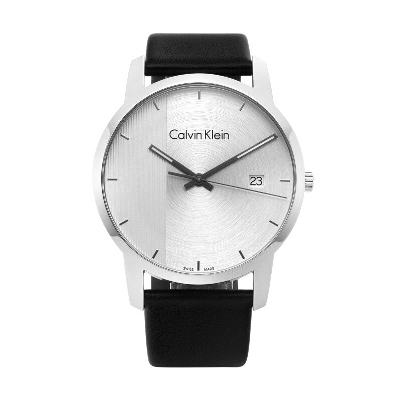 Calvin Klein City men's watch with silver dial and date display at 3 o'clock