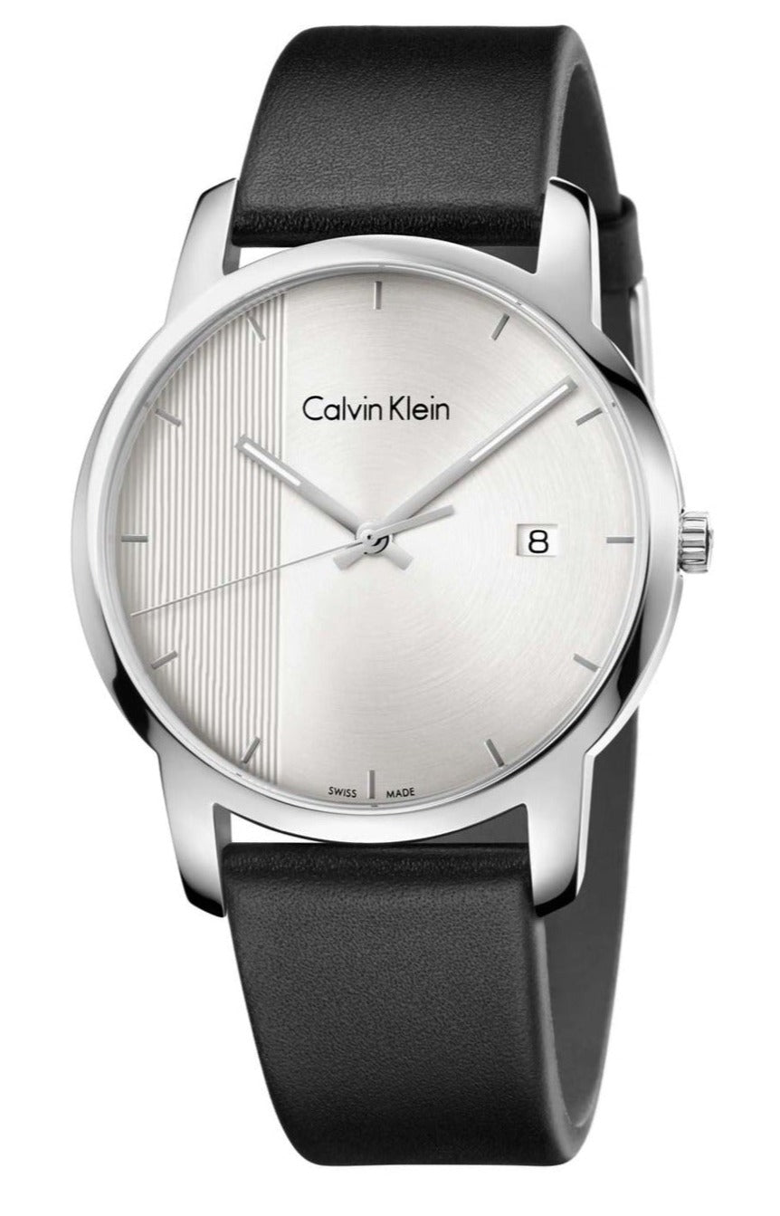 Calvin Klein City men's watch with silver dial and black leather strap