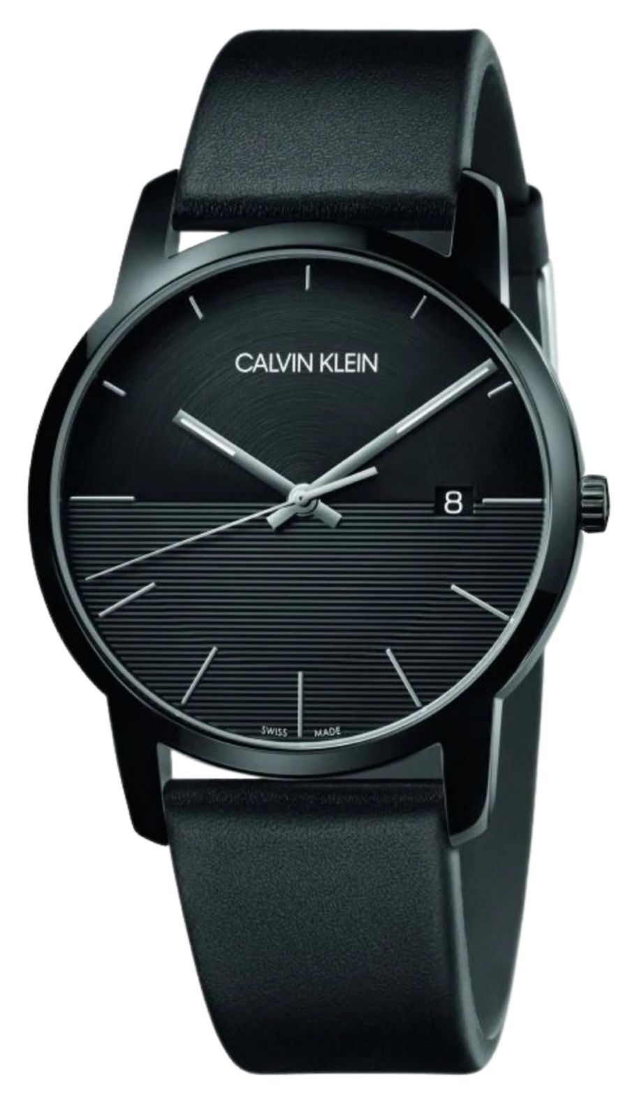 Calvin Klein City black analogue watch with minimalist dial and black leather strap