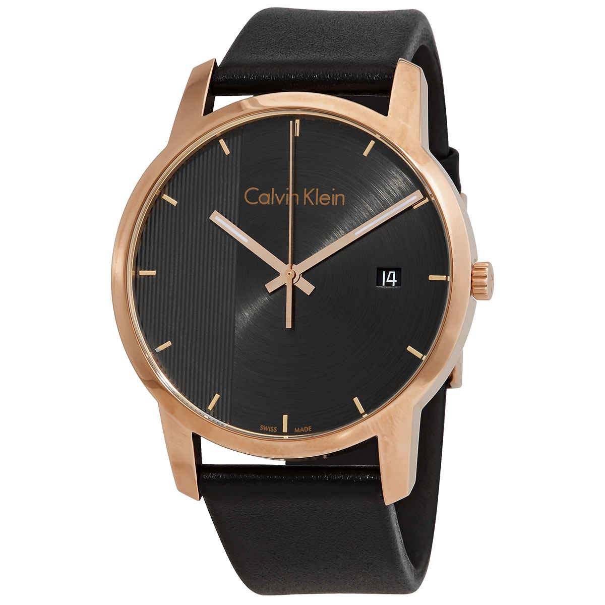 Calvin Klein City quartz watch with black dial, rose gold case, date window, and black leather strap