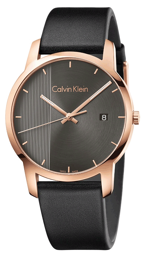 Calvin Klein City unisex watch with ebony black dial, rose gold-tone case, and black leather strap