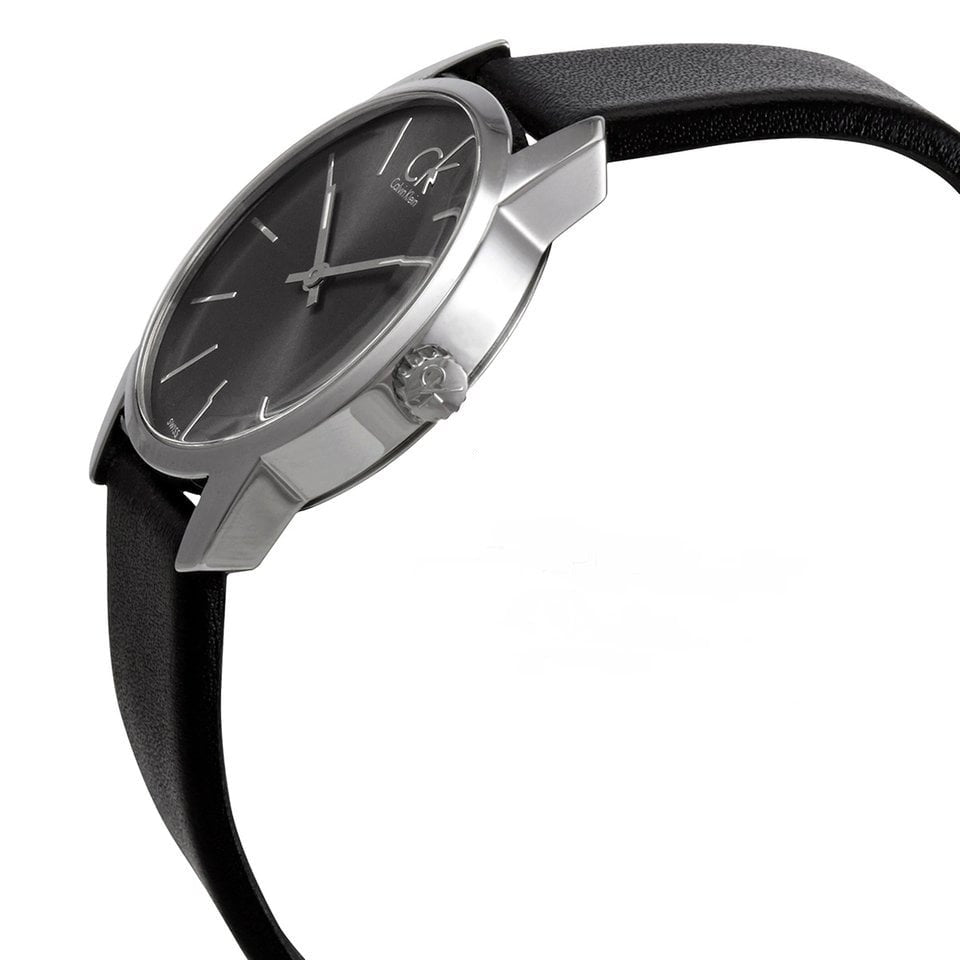 Calvin Klein City Lady watch at angle showing silver case and black leather strap