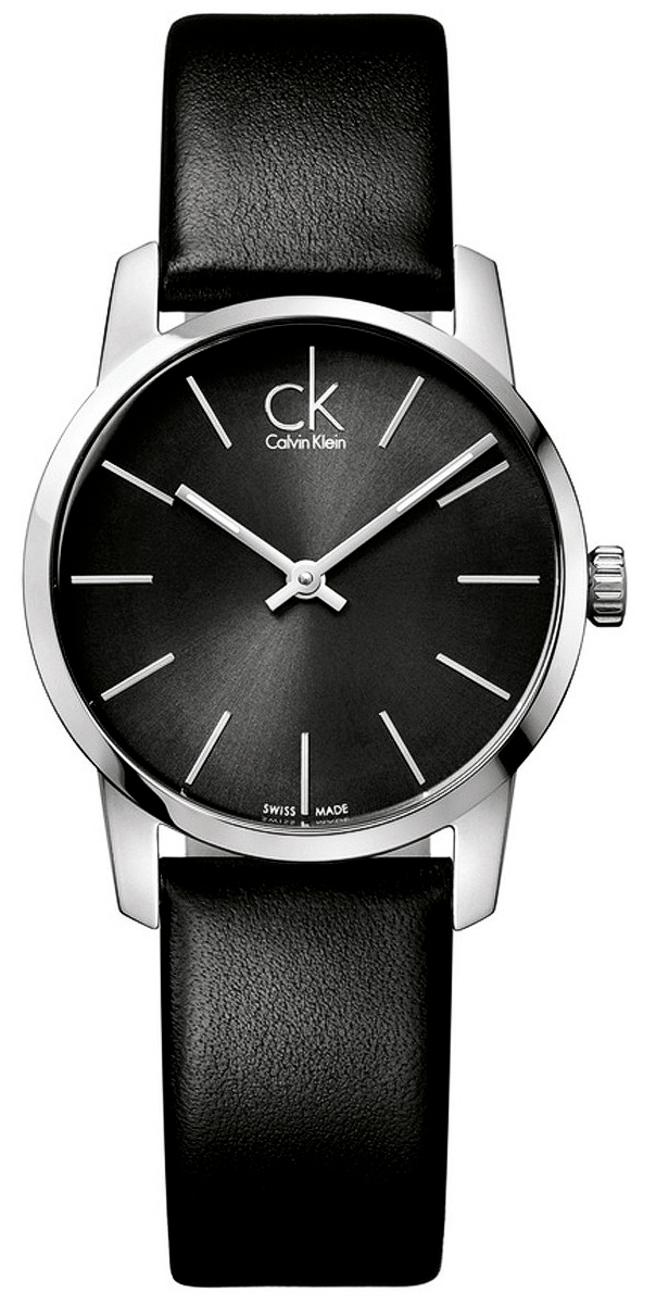 Calvin Klein City Lady watch with black dial, silver case, and black leather strap