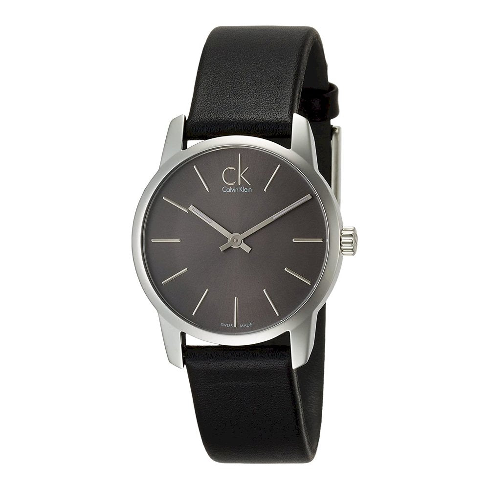 Calvin Klein City Lady watch worn on wrist with black leather strap