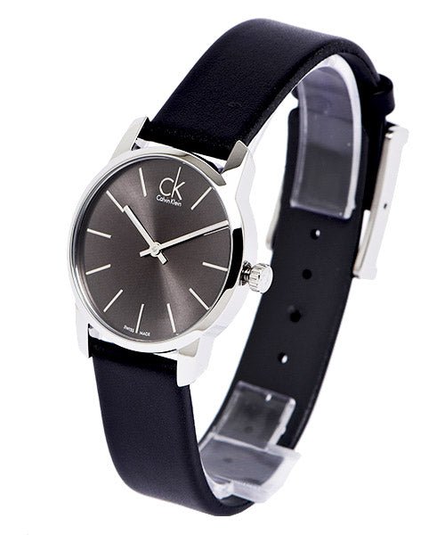 Side view of Calvin Klein City Lady watch with black dial and case