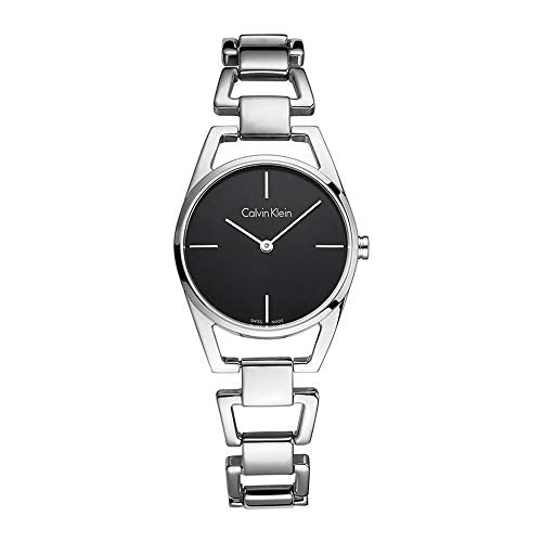Calvin Klein Dainty watch angled view showing black dial face and steel bracelet
