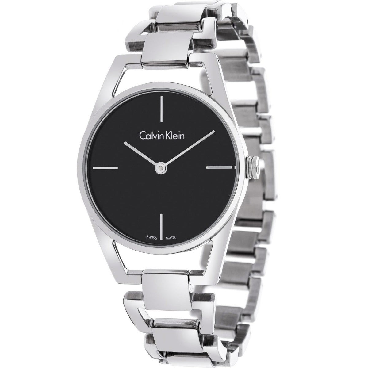 Calvin Klein Dainty watch side profile view with silver bracelet and black dial