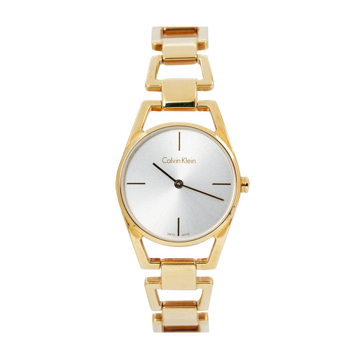 Calvin Klein Dainty ladies watch front view with three-hand silver dial
