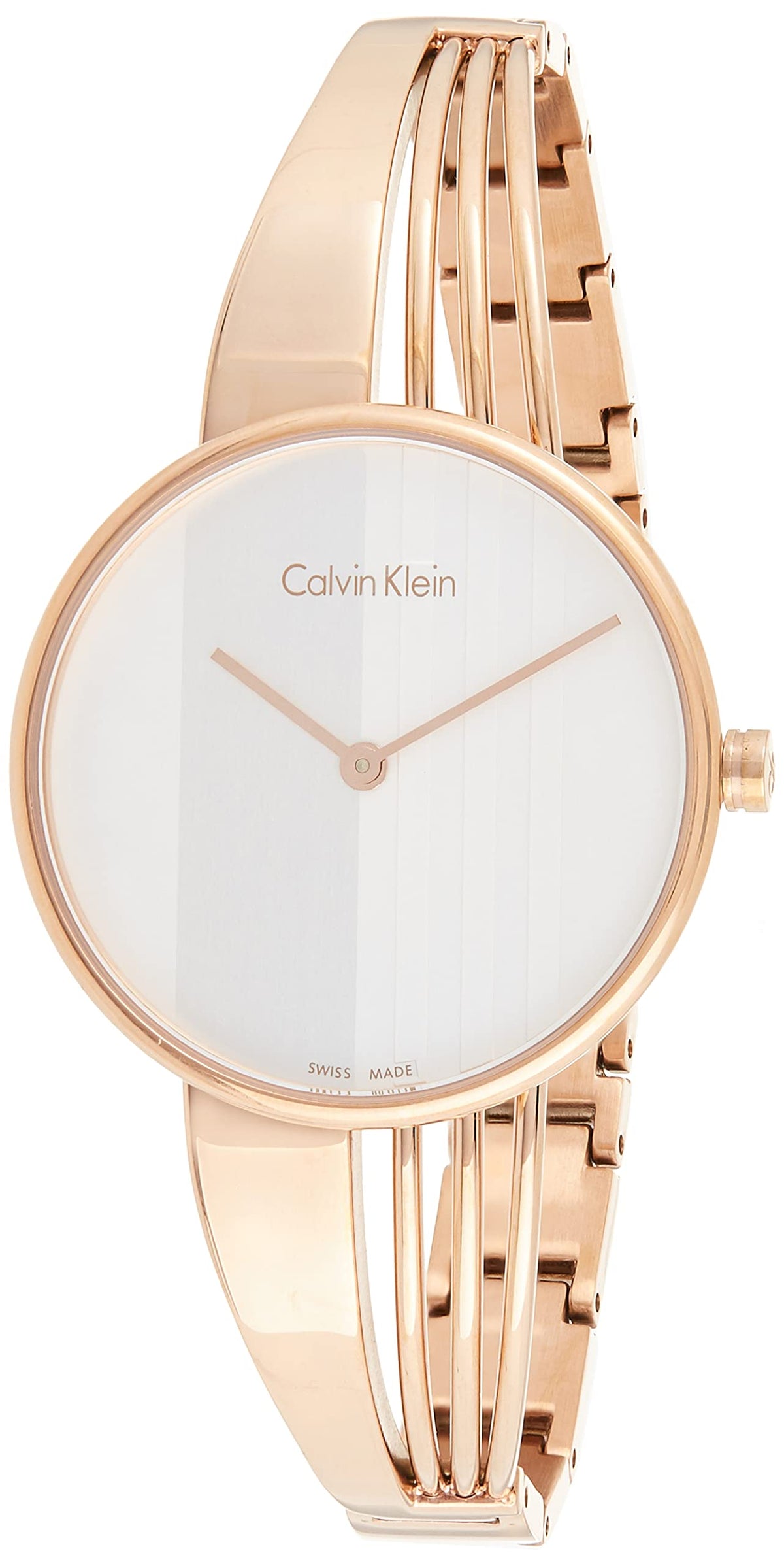 Calvin Klein Drift women's watch shown at three-quarter angle with bangle bracelet