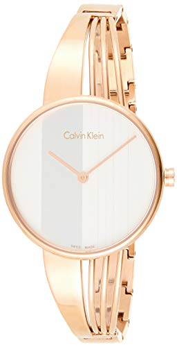 Three-quarter view of Calvin Klein Drift watch with rose gold-tone case and silver dial