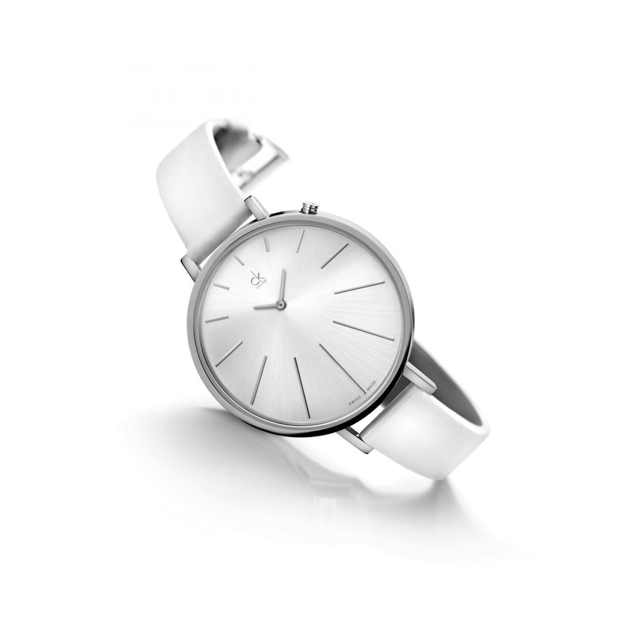 Calvin Klein Equal K3E231L6 women's watch on wrist with white leather strap