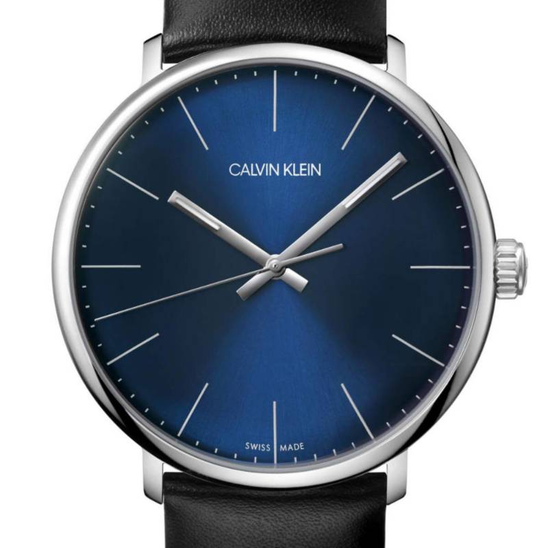 Calvin Klein Established watch front view showing blue dial with silver hands and minimalist markers