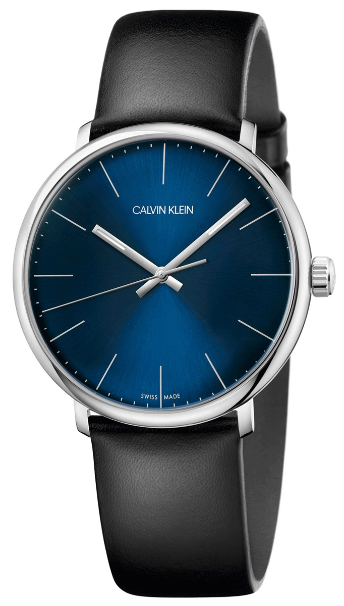 Calvin Klein Established men's quartz watch with blue dial and black leather strap