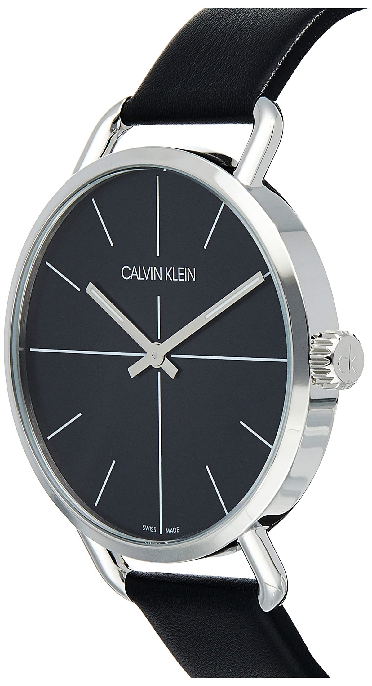 Calvin Klein Evan watch angled side view showing black leather strap and silver case profile