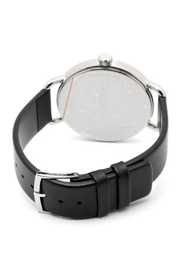 Calvin Klein Evan watch caseback showing silver case and black leather strap