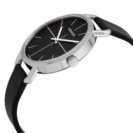 Calvin Klein Evan watch side profile with crown detail and black leather strap