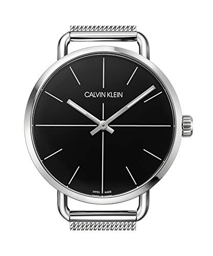 Calvin Klein Even watch angled view displaying round case, black dial, and silver stainless steel mesh strap