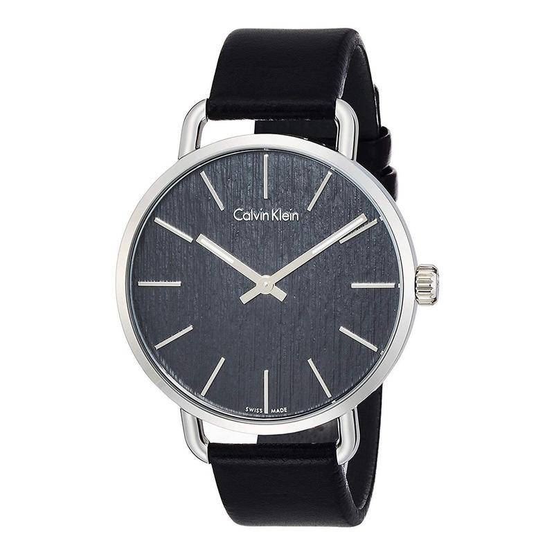 Calvin Klein Even women's watch angled view showing black leather strap and case profile