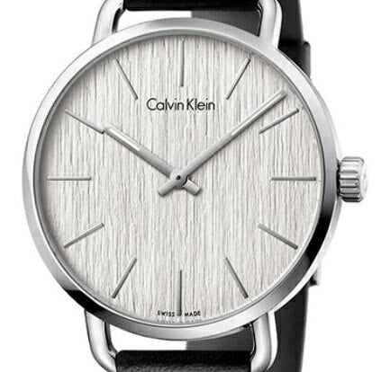 Calvin Klein Even quartz watch featuring silver dial with baton hour markers and black leather strap