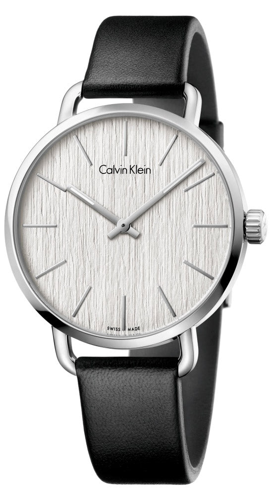 Calvin Klein Even quartz ladies watch with silver dial and black leather strap