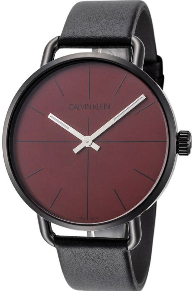 Calvin Klein Even watch with red dial, black case, and black leather strap